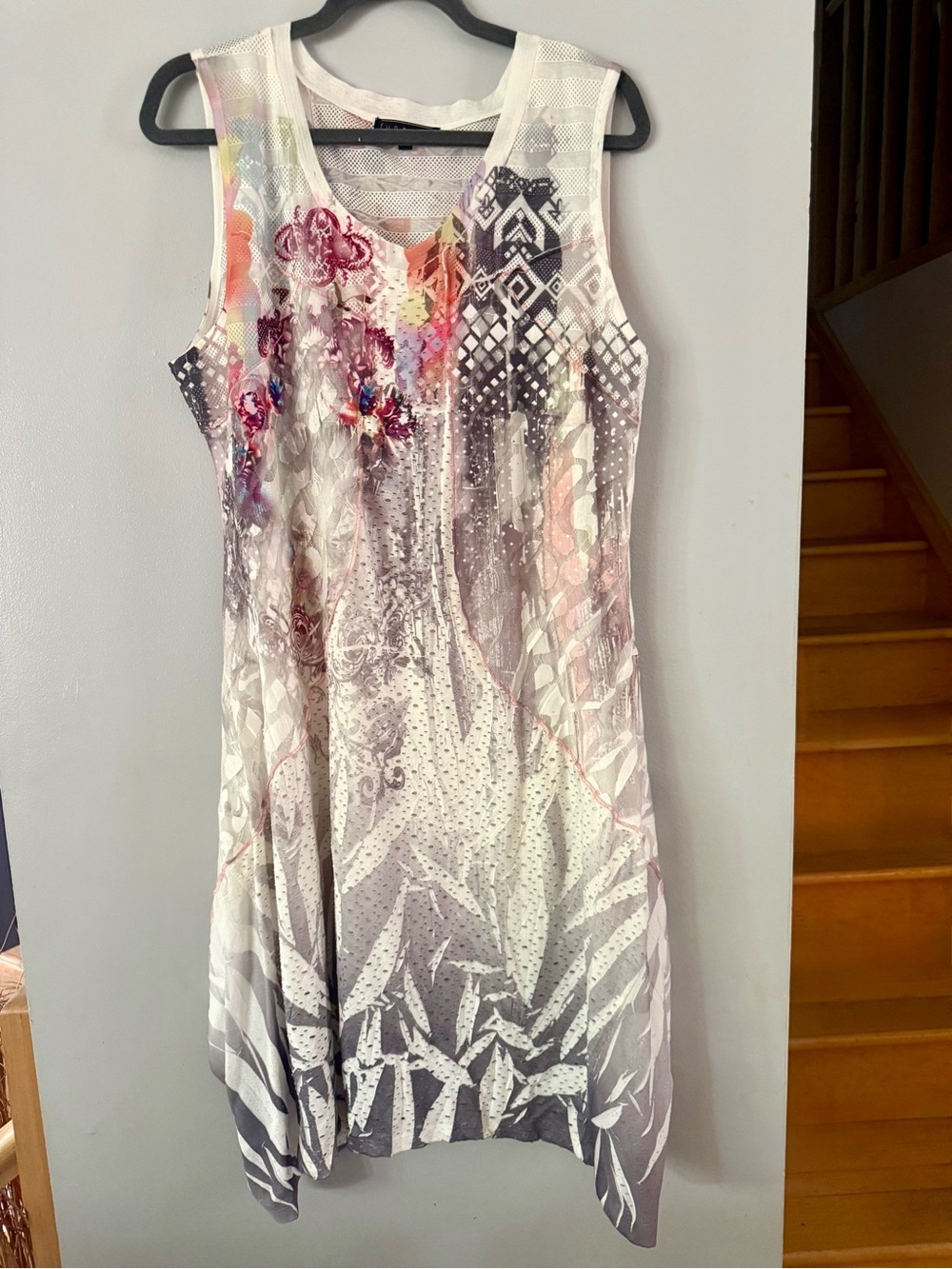 Vintage Funsport Sheer Mesh Patchwork Sleeveless Hankie Hem Dress – Size L